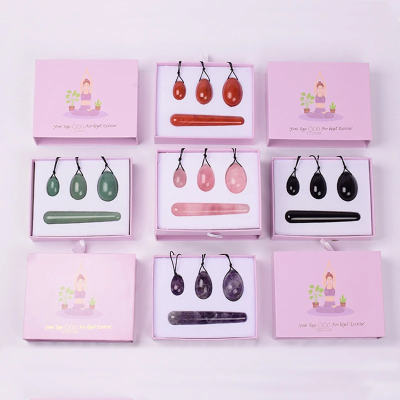 Wholesale Drop Shipping Drilled Yoni Egg Set 4pc Box Natural Jade Yoni Wand Kegel Exerciser Massage Healty Tools Gift For Wife