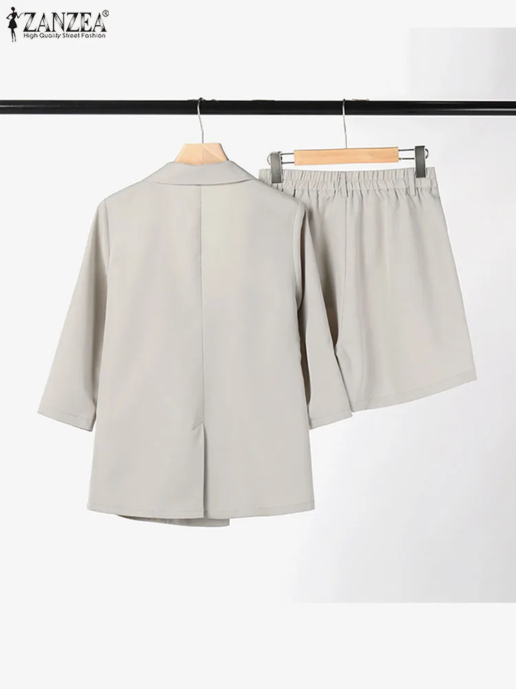 Women 2pcs Blazer Suits ZANZEA Casual Commute 3/4 Sleeve Blazer Coat and Elastic Waist Shorts Korean Fashion 2 Piece Short Sets