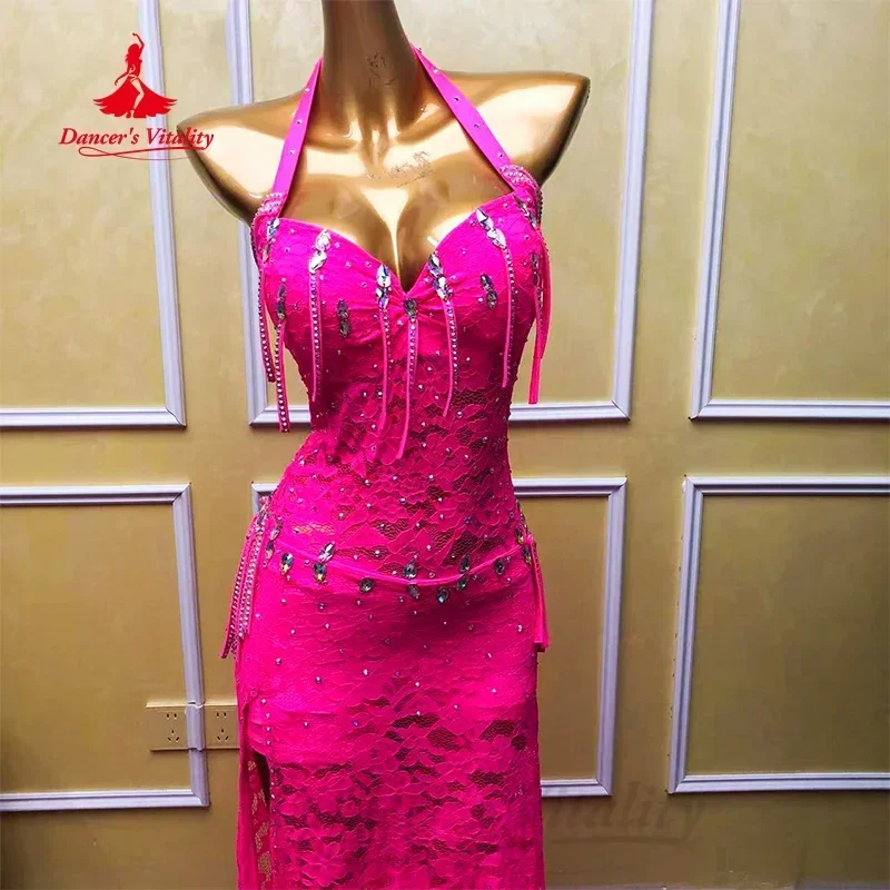 Traje de dança do ventre para mulheres personalizado sexy renda ab pedras borla desempenho roupa oriental dança competição roupas