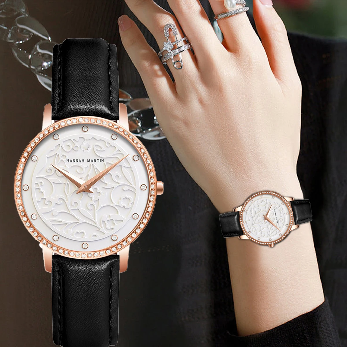 Women Watch Japanese Movement Genuine Leather 34mm Rose Gold 3D Sculpture Clock Casual Fashion Rhinestone Women's Dress Watches