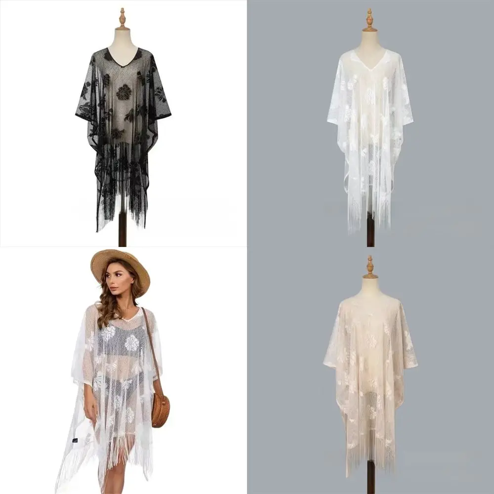 

Trendy Elegant Lace Floral Shawl Breathable Rose Embroidery Sun Protection Scarf Tassel Design Head Wrap Outdoor Activities