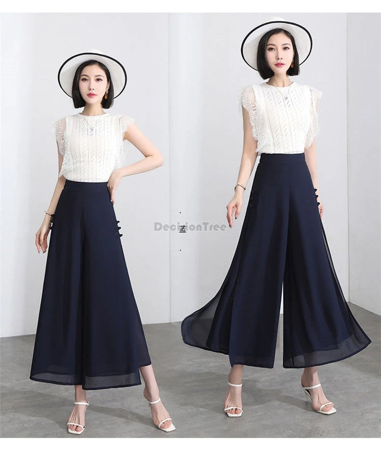 

2024 chinese style chiffon split wide leg pants summer fairy solid color thin loose pants new high waist draping a-line trousers