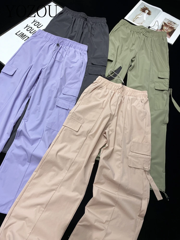 [YOZOU] Summer Drawstring Thin Gorpcore Purple Black Baggy Cargo Parachute Pants Loose Oversize Trousers Bottoms Streetwear