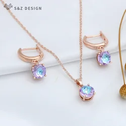 S&Z DESIGN New Fashion 585 Rose Gold Color Round Crystal Dangle Earrings Jewelry Sets For Women Wedding Pendant Necklace