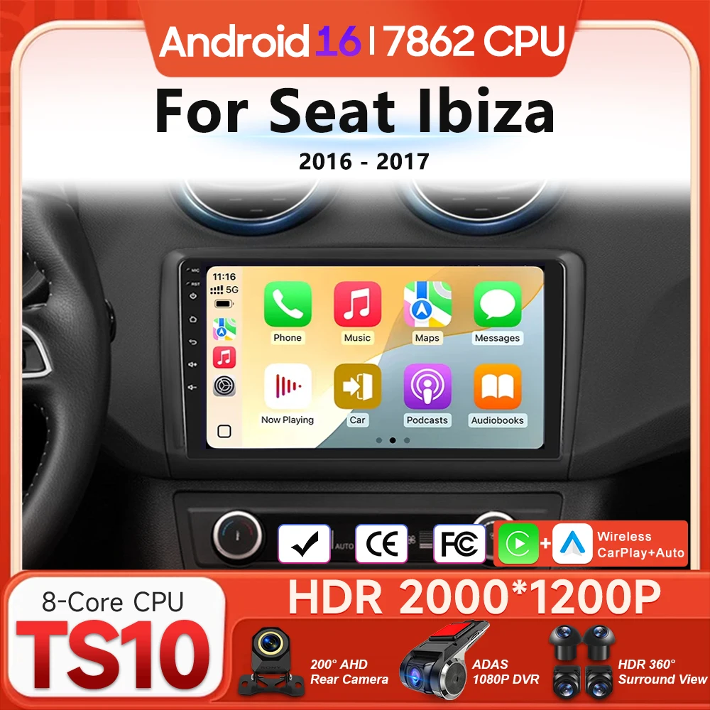 Android 16 For Seat Ibiza 2016 - 2017 Car Multimedia Player Wireless Carplay Auto Radio Video Stereo Navigation GPS BT DSP Wifi