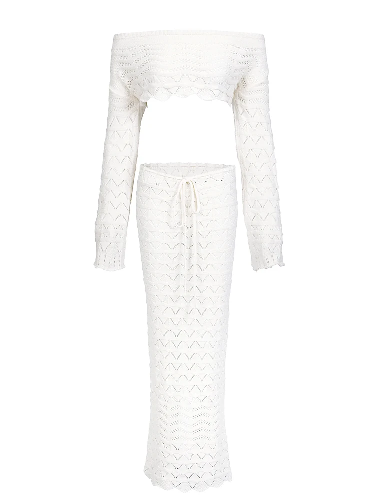 Sexy Knit One-neck Long Sleeve Short Top Drawstring Half Skirt Beach Two-piece  Women Summer Swimsuit Cover Up Chic Set K172