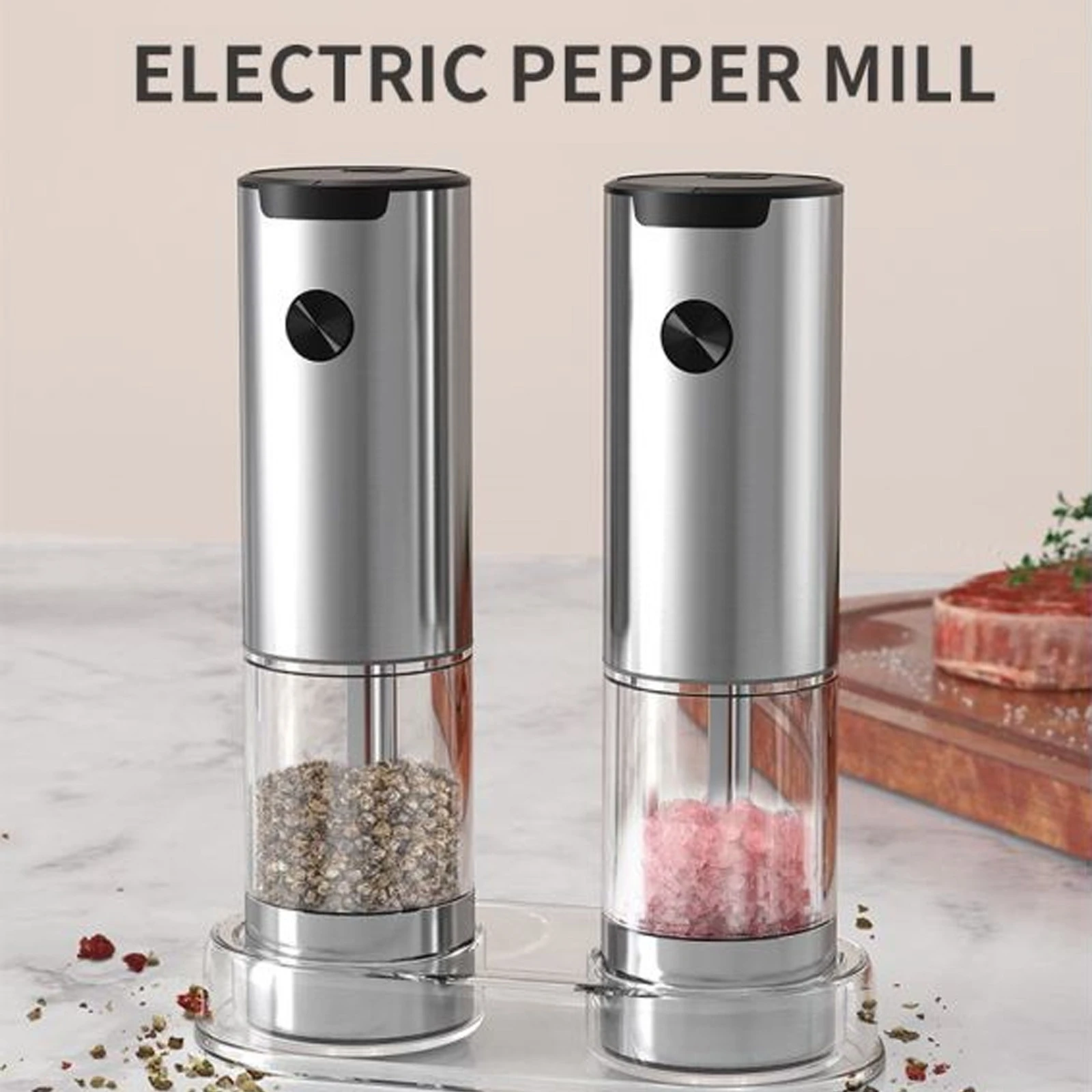 Electric Salt and Pepper Grinder Set (2 Pack)with Base and Washable 95ml Container, Rechargeable Automatic Pepper and Salt Mills