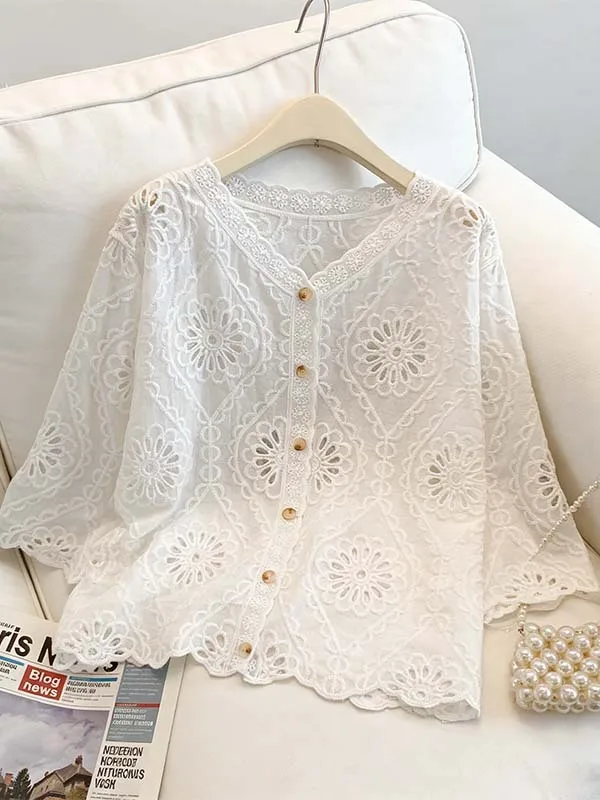 

Large Size Summer New Korean Style Versatile Youthful Cotton Hollow out Embroidery V-Neck Open Cardigan Shirt Women's Fashion