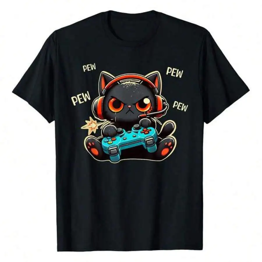 Graphic-Shirt Cotton Tees Size PlusCute Gamer Cat Playing Video Game Pew Pew Anime Kitten Funny T