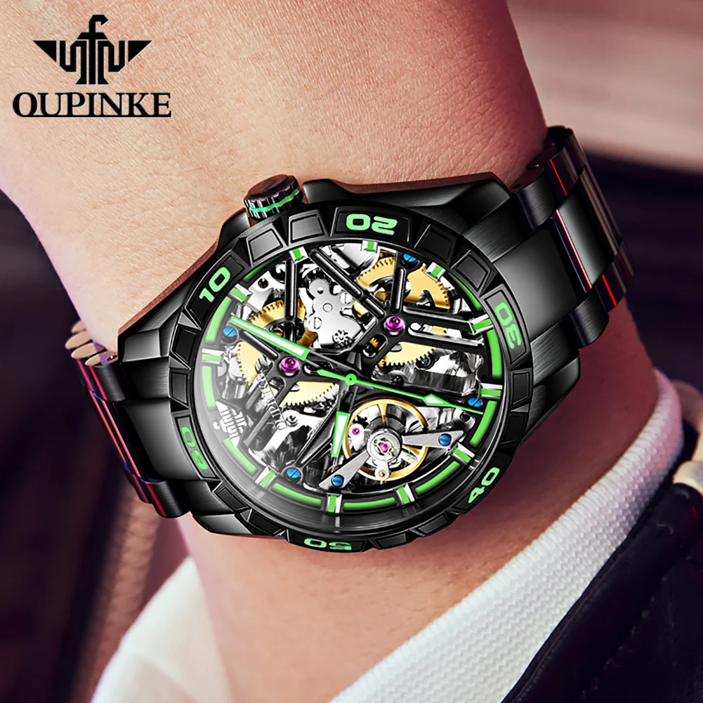 OUPINKE 3196 Fully Automatic Mechanical Watch Men Stainless steel Waterproof Green Night Light High-end Wristwatch Man