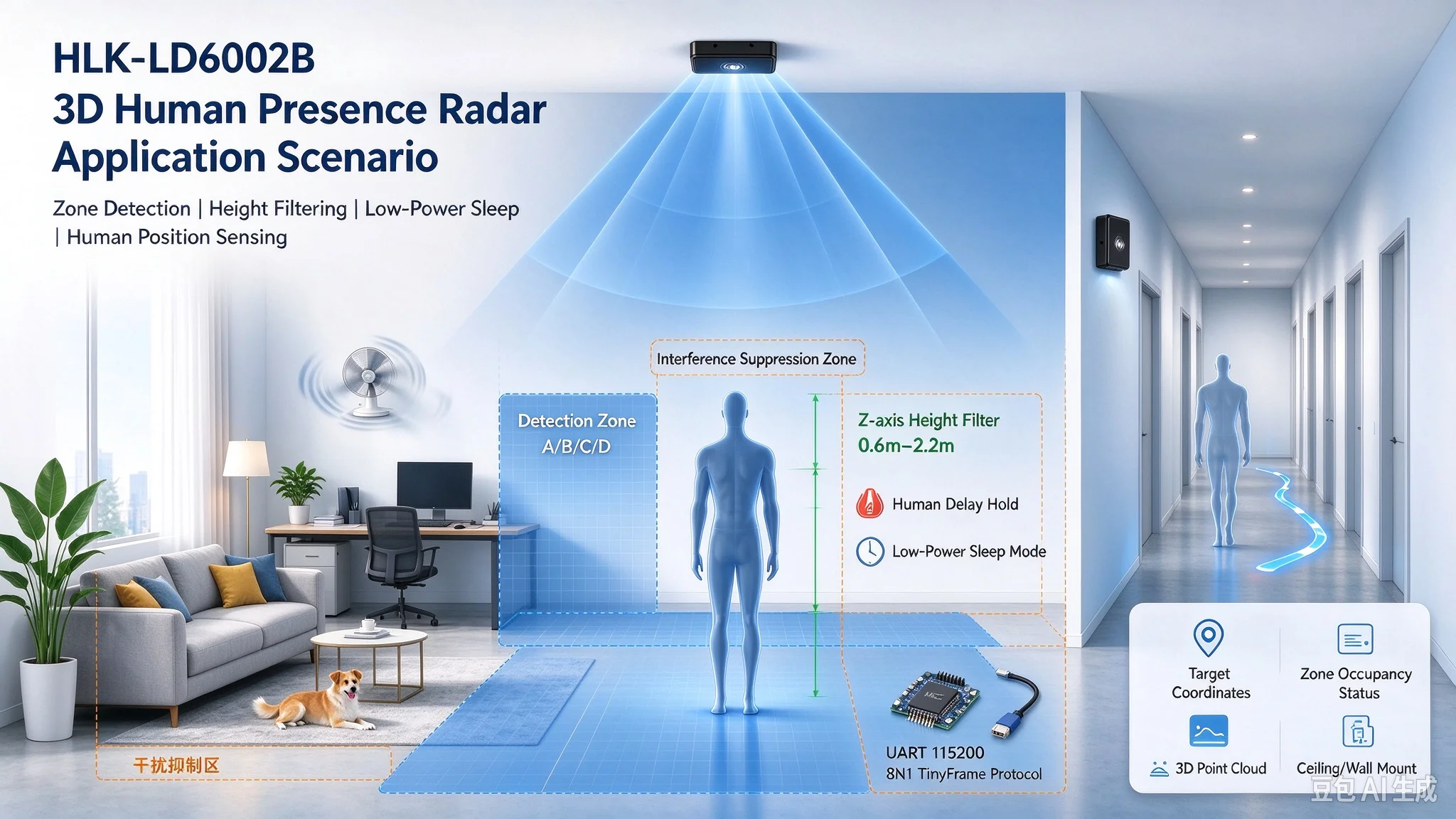 Hi-Link New HLK-LD6002B 60G 3D Presence Radar Module 3.3V Power Supply Real-Time Human Characteristics Monitoring for Smart Home