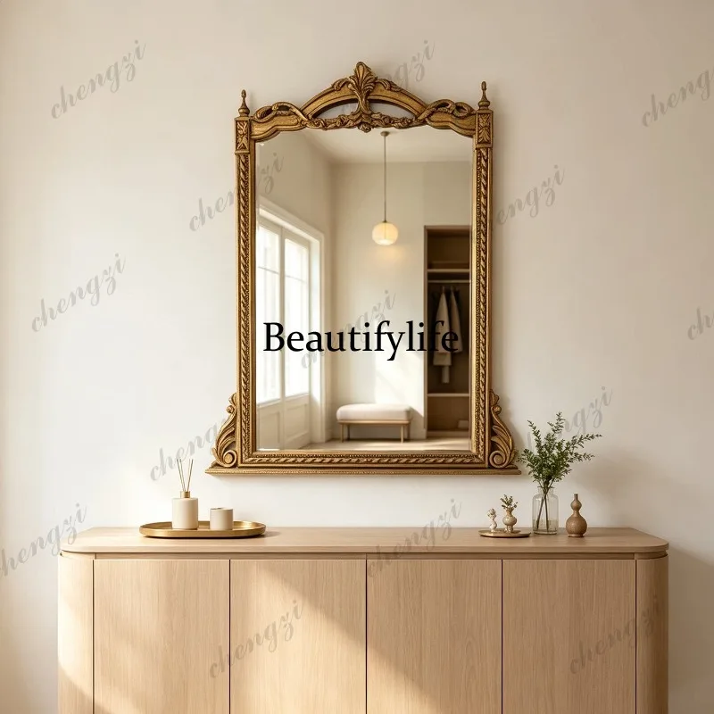 American vintage bathroom mirror, wall-mounted irregular carved makeup mirror, European living room decorative mirror