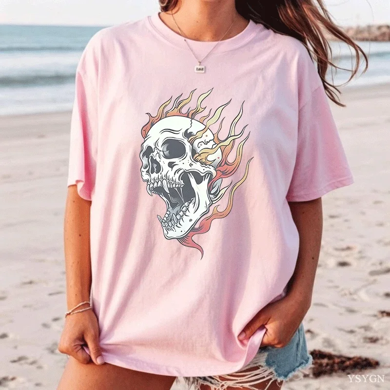 Funny Flame Skull Printed T-shirt Men Women Casual Cotton Short Sleeve T Shirt Loose Comfortable Round Neck Printed Tees