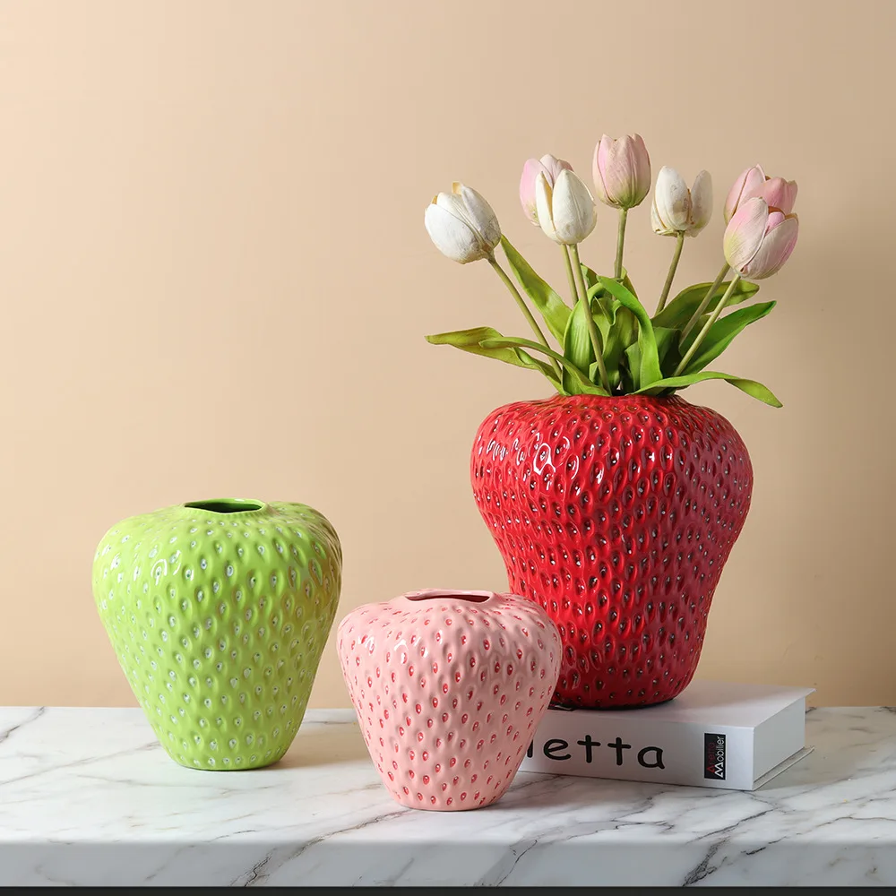 Modern simple creative ceramic strawberry vase TV cabinet dining table soft decoration home Chinese flower arrangement ornaments