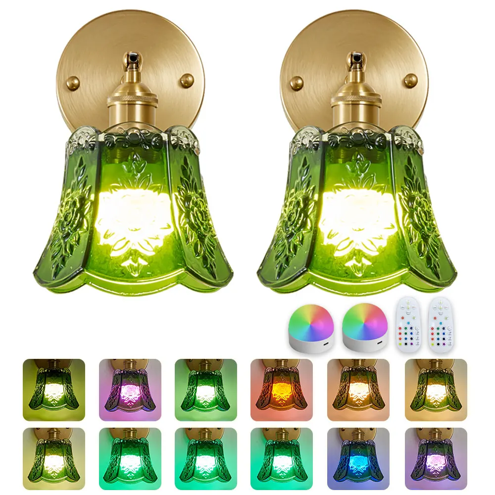 

Vintage Battery Operated Wall Sconce Set of 2 with Green Tulip Glass Lampshade Rechargeable Battery Powered Wall Light