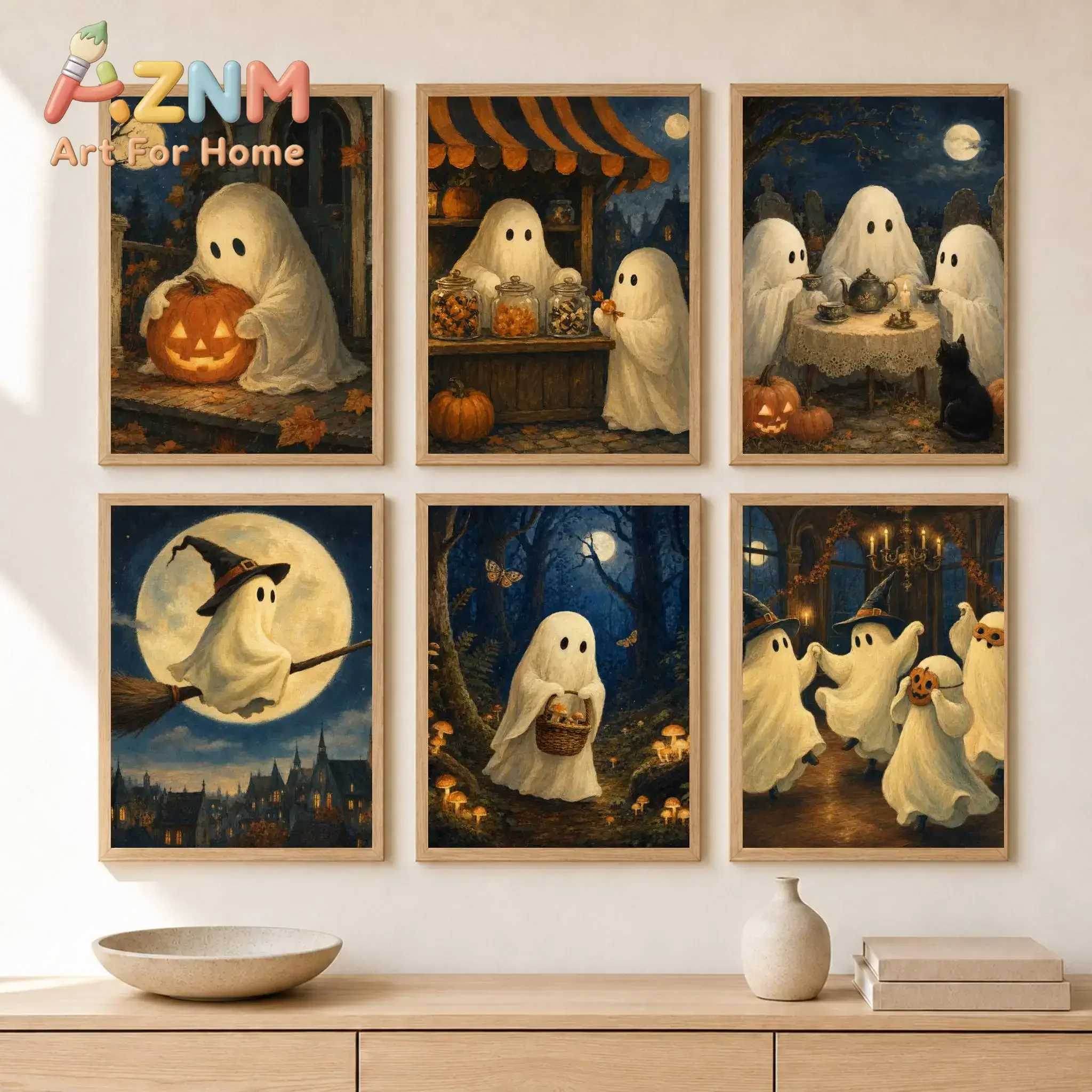 Vintage Cute Ghost Halloween Wall Art Pumpkin Witch Broom Moon Tea Party Canvas Posters Home Living Room Halloween Decor Unframe