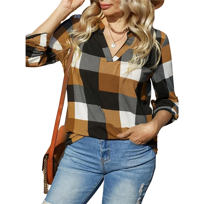 ABP-Camisetas de trabajo de manga larga con puños y estampado a cuadros con cuello en V informal básico para mujer