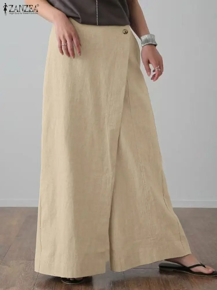 2025 ZANZEA Women Vintage Skirts Pants Solid Color Casual Loose Trousers Autumn Buttons Asymmetrical Pleated Bottoms Oversized
