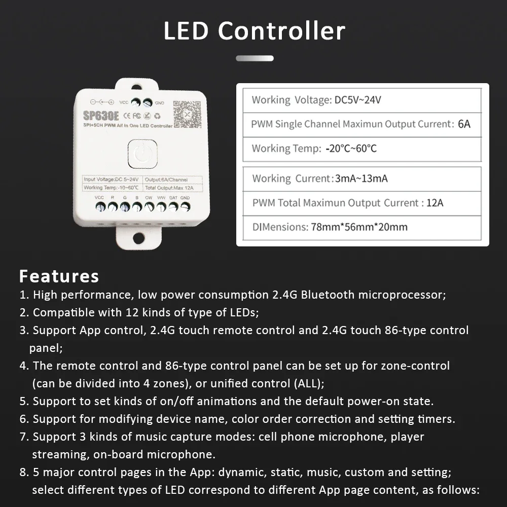 12V 24V LED Strip Light Controller for SPI 5050 2835 White CCT RGB RGBCCT PWM Pixel Lamp SP630E 5V Bluetooth RF Remote Control