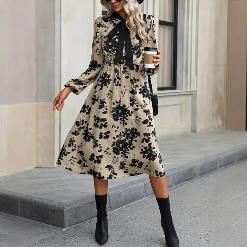 

Floral Dress Long Sleeved Collar Tie Vestidos Para Mujer Spring Autumn Seasons A-line Frock Vestidos De Fiesta Elegantes