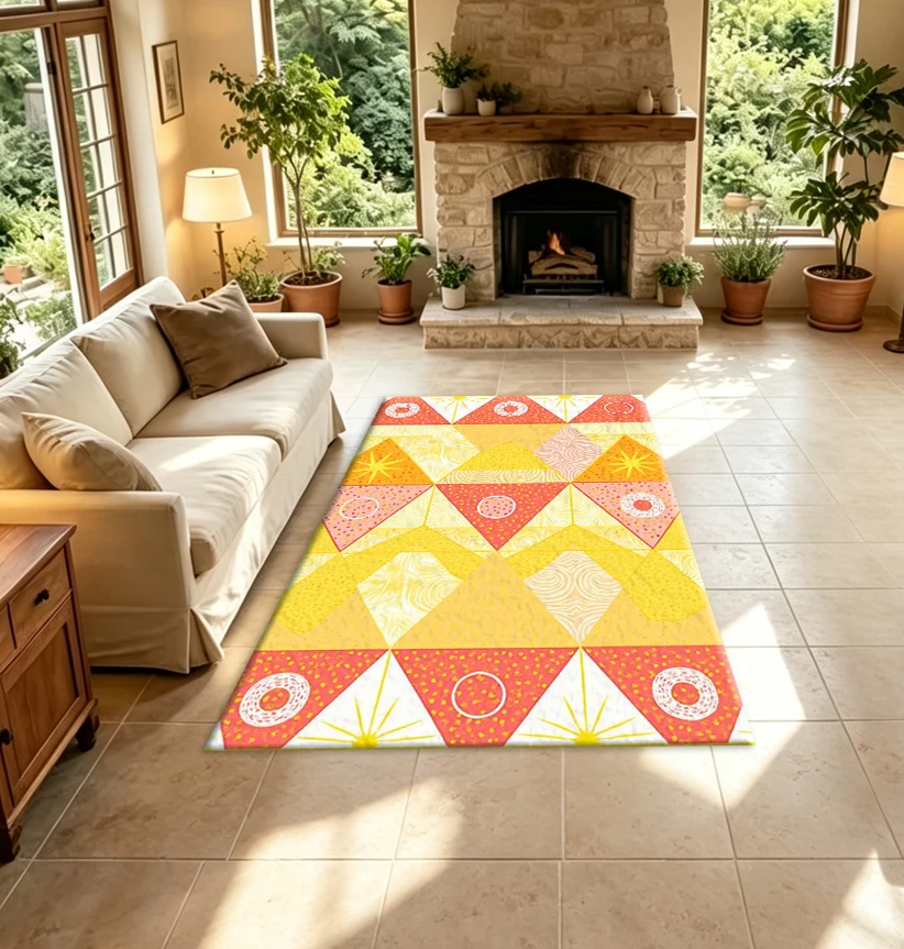Sunny Patchwork Geometric Carpet Floor Tiles, Warm Yellow Orange Quilt-Style Abstract Pattern Floor Carpet, Suitable for Home Decoration