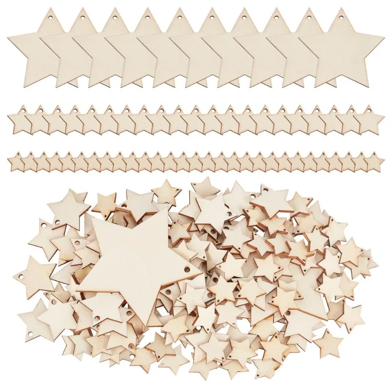 110pcs Unfinished Natural Wood Pendants Mixed Size Star Shape Charms For Necklace Bracelet Earring Jewelry Making DIY Crafts