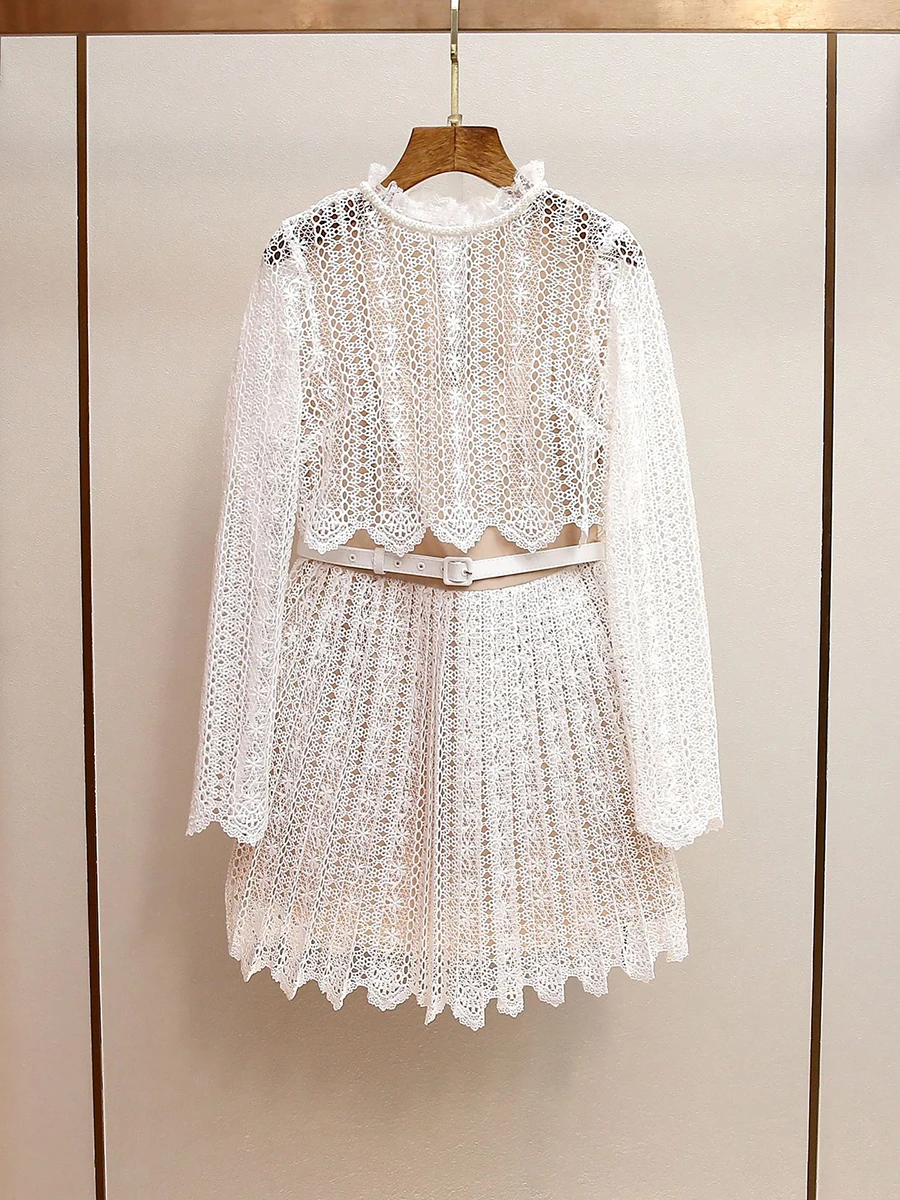 VGH الصلبة التخسيس فساتين الدانتيل الأنيقة للنساء جولة الرقبة طويلة الأكمام عالية الخصر الربيع عارضة حزب فستان قصير الإناث جديد