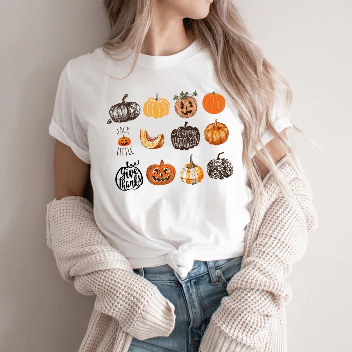 

Fall Harvest Pumpkins Jack O Lantern Women T-Shirt Halloween Shirt Short Sleeve Graphic T Shirts Cute Halloween Pumpkin Tshirt