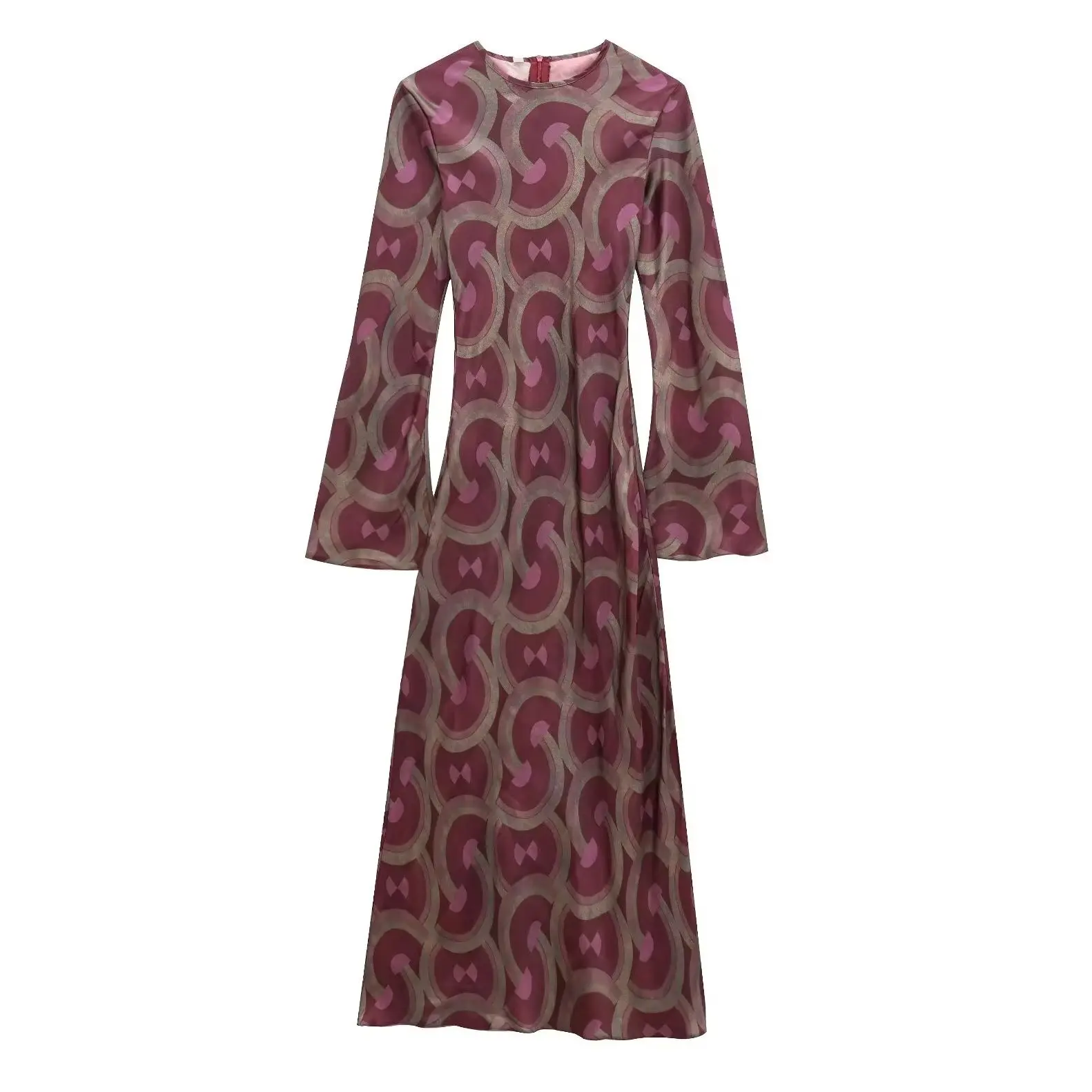 

KONDALA Chic Print Geometric Purple Pleated Women Dress Vintage Fashion 2025 Fall Dress Long Flare Sleeve O-Neck Mature Vestido
