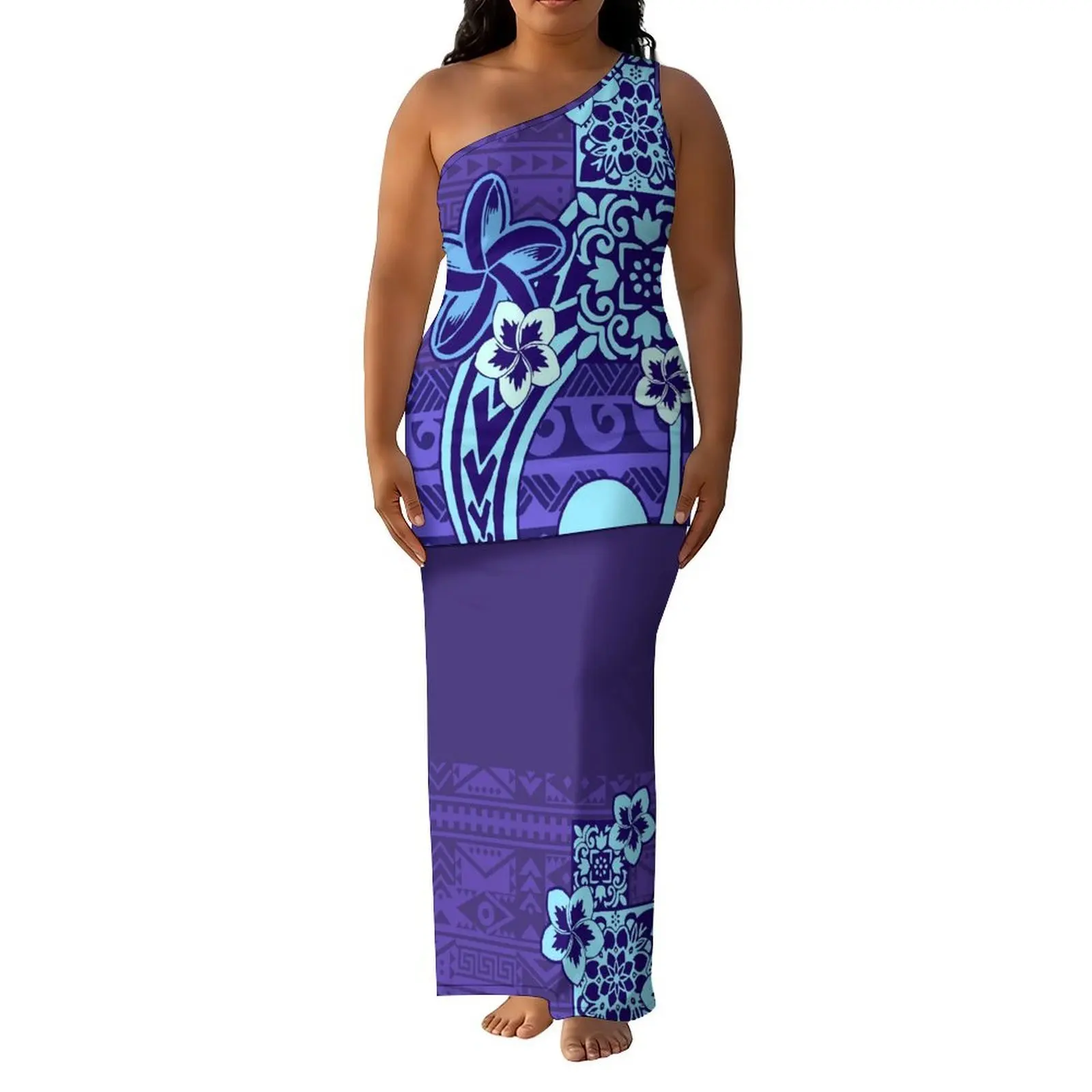 Polynesian Tribe Designed A Custom Floral-Printed Pattern For Ladies' Puletasi Off-The-Shoulder Blouse And Fashionable Skirt Set