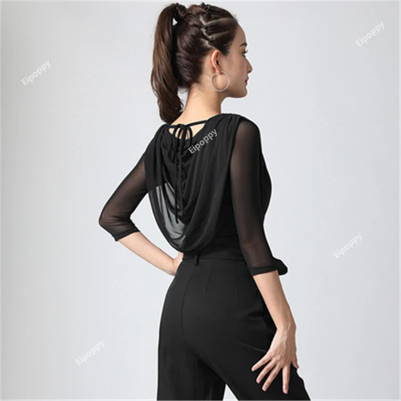 Damen Latin Dance Kleidung Mid-Sleeve Mesh moderne Gesellschaft stanz Rundhals ausschnitt Übung Top Ladys profession elle Bühnenshow Shirts