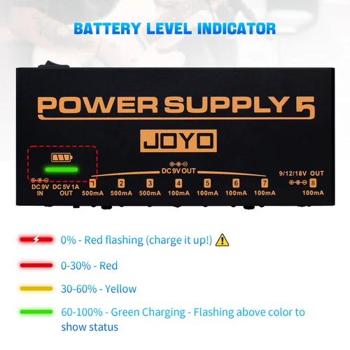 Imagen 2 del producto Fuente de alimentación para Pedal de guitarra JOYO JP-05, batería integrada de 4400mAh, 8 salidas, puerto USB de 9V/12V/18V y 5V/1A para alimentación de Pedal de guitarra
