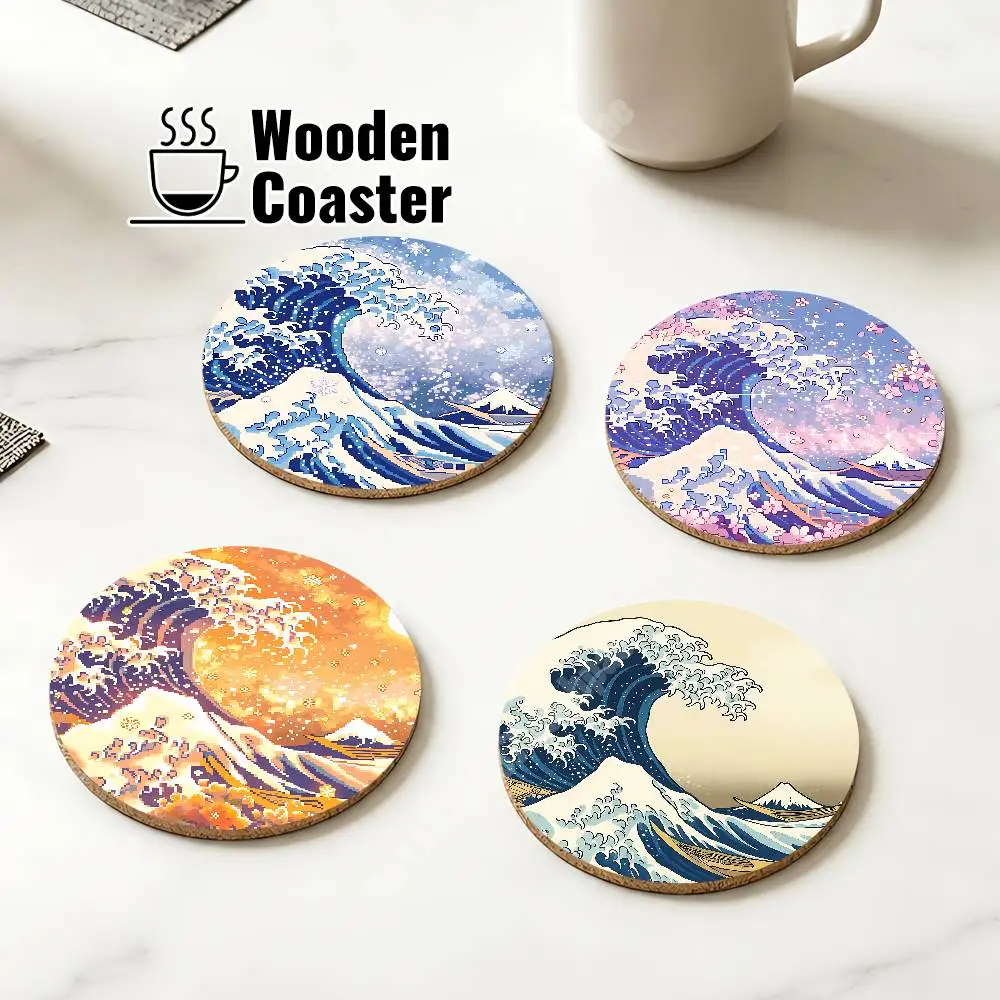 The Great Wave Off Kanagawa Wooden Cup Mat Americano Beer Milk Water Coaster for Baking Studio