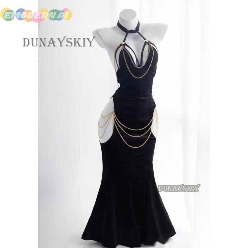 Anime Overlord Albedo Costumi Cosplay Guanto Abito Avvolto Anca con apertura sul cavallo Gonna a coda di pesce Sirena nera Halloween Lute