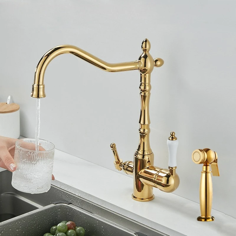 Brass light luxury three-in-one pure water faucet household sink washbasin hot and cold water faucet anti-splash