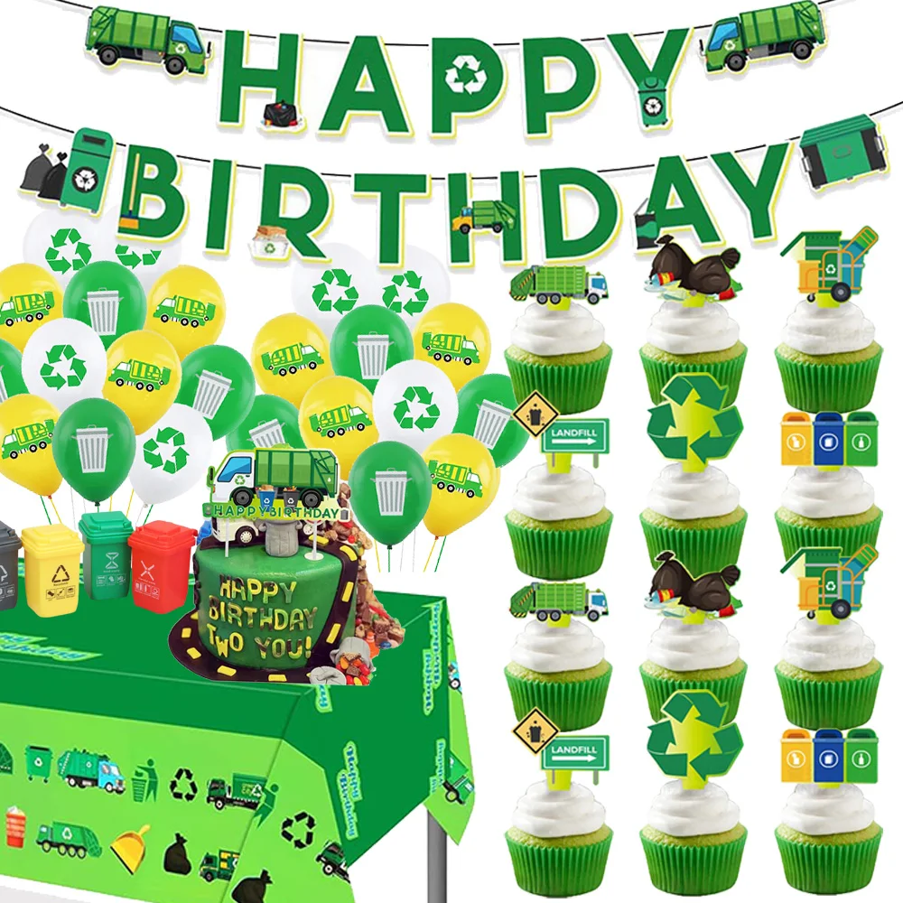 Garbage Truck Party Supplies Decorations Happy Birthday Banner Cake Topper Baby Shower Party Decorations Green Trash Classify