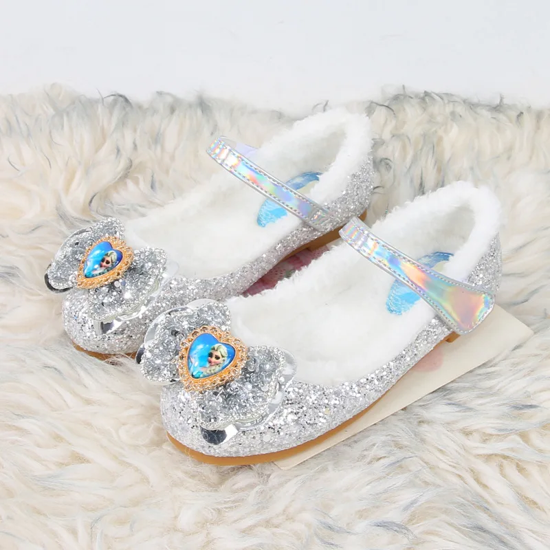 Disney Princess Girls Shoes Frozen Elsa Shoes Performance Party Warm Winter Flats Bow Sequin Pink Blue White Shoes Size 23-36