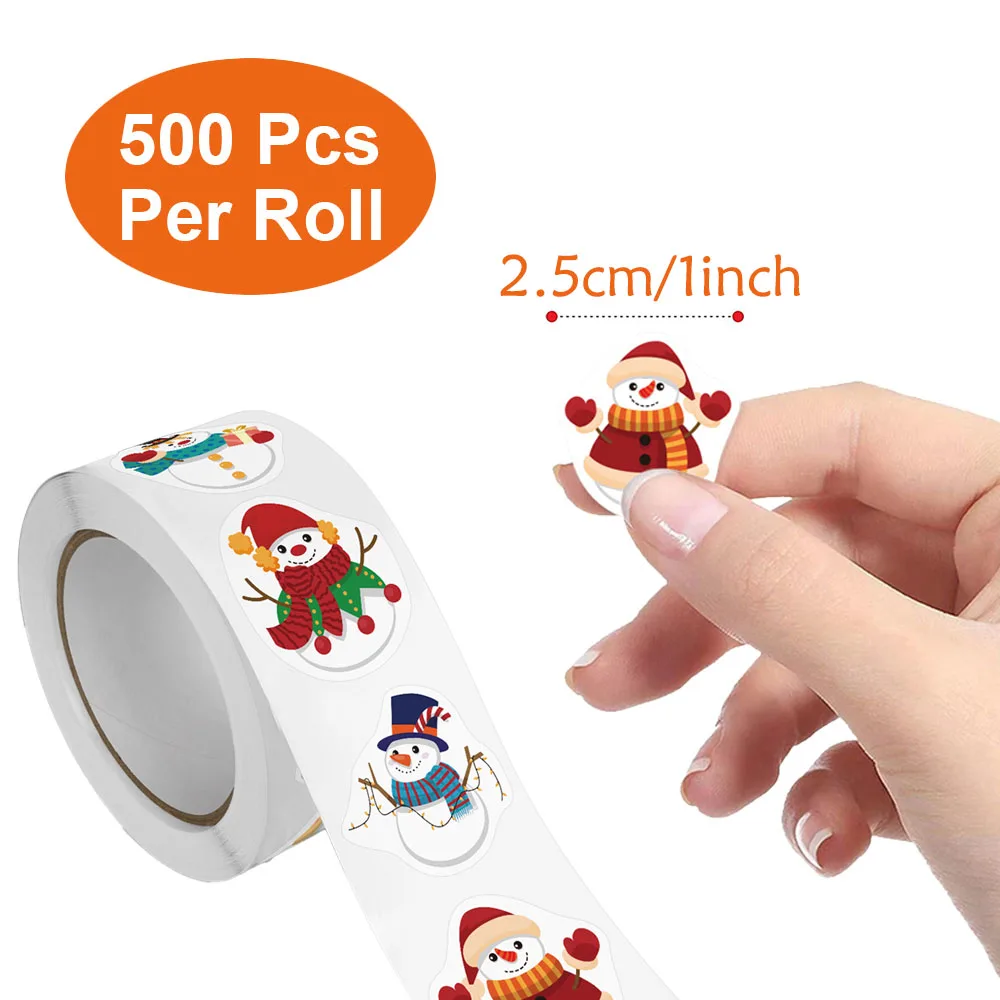 500Pcs/Roll Heterotypic Christmas Themed Snowmans Stickers 8 Designs 2.5cm/1.0\'\' DlY Graffiti Holiday Party Decoration Labels