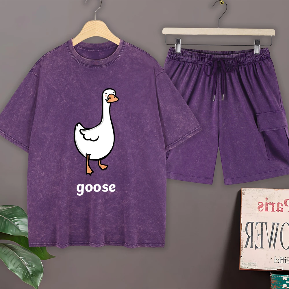 Goose Makes People Happy Cotton Washed T-Shirts Set Mens Summer Oversize T Shirt Cargo Shorts O-Neck Short Sleeve Tops Pants