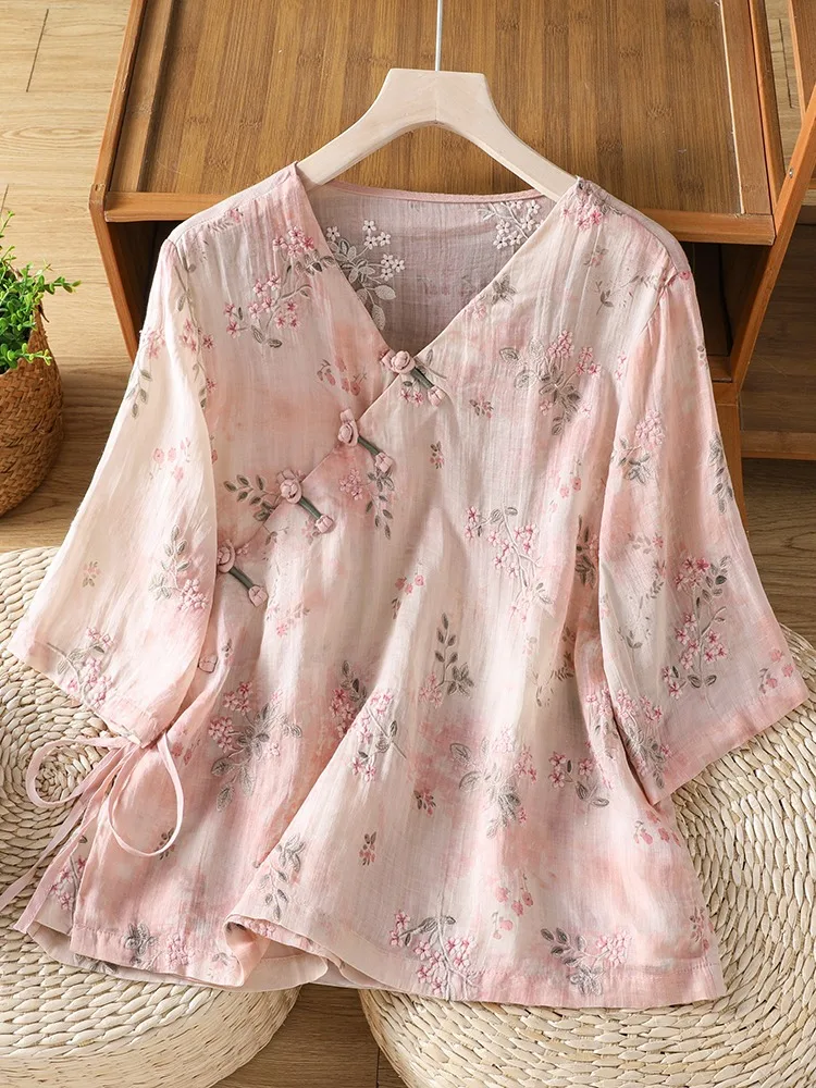

New Chinese Style Loose Fit V-Neck Embroidered Print Silk Women's Shirt Summer Look Youthful Top Button up