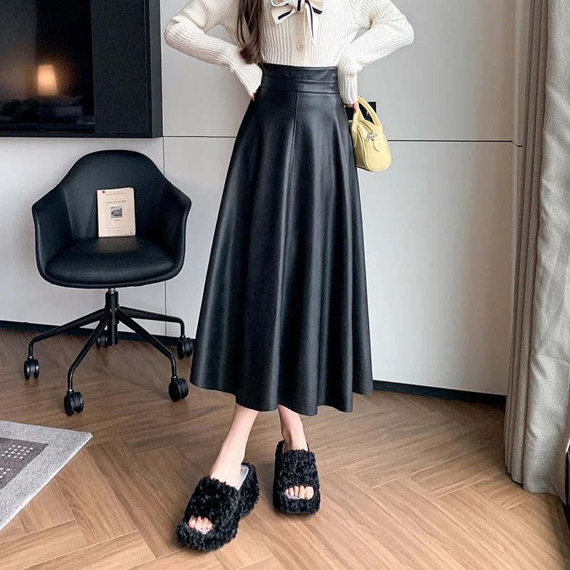 Vintage Minimalist Brown Pu Leather Midi Skirt For Women High Waist A-line Flared Swing Skirt Elegant Casual Streetwear Bottom