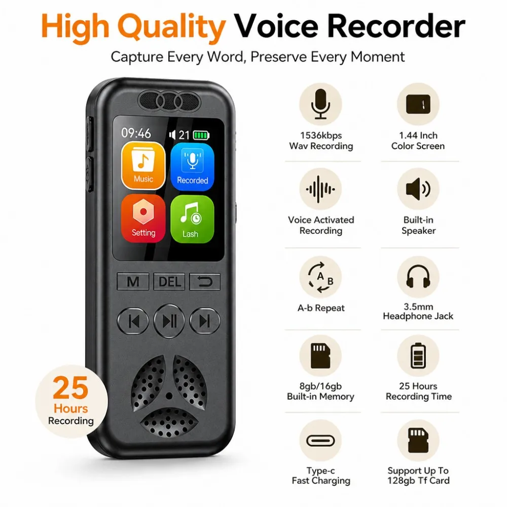 Digital Voice Recorder SU7 1536Kbps Recording 25H Battery 128Gb Expandable Portable Dictaphone Mp3 Player