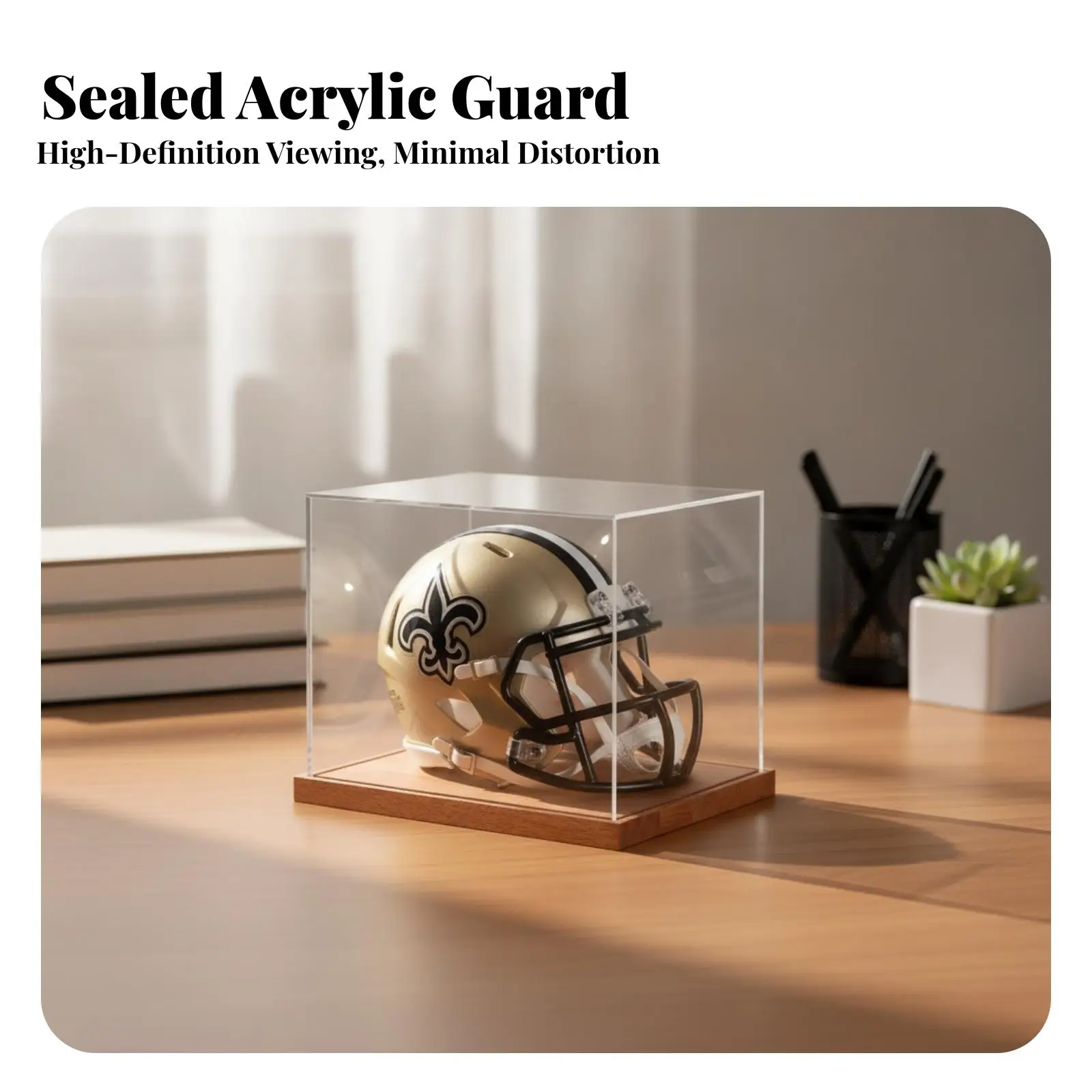 Tabletop Helmet Display Case Acrylic Cover Wooden Base for Memorabilia Collection Clear Show Box