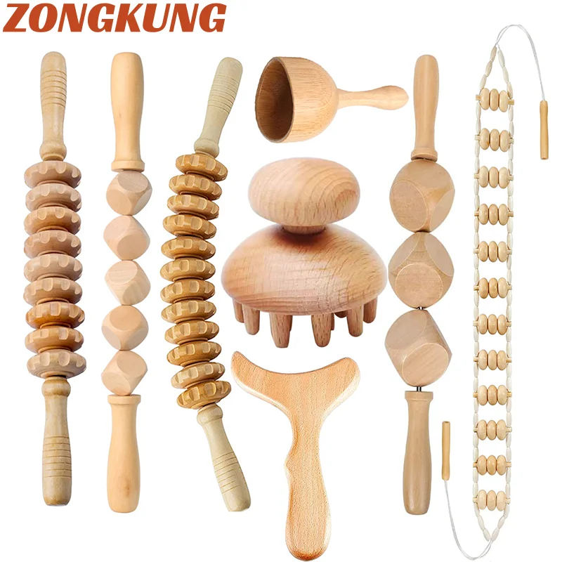 8PCS Wooden Therapy Massager For Lymphatic Drainage Anti Cellulite Maderoterapia Body Sculpturing Massage Roller Gua Sha Sets