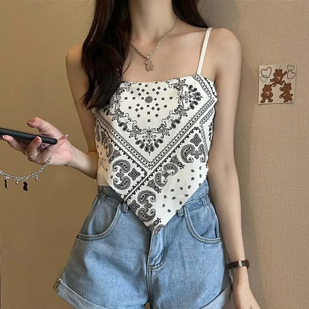 Women Sexy Fashion Satin Tie Back Knot Spaghetti Bandana Tube Crop Top Print Sleeveless Vest Blouse Basic Plain Camisole Summer