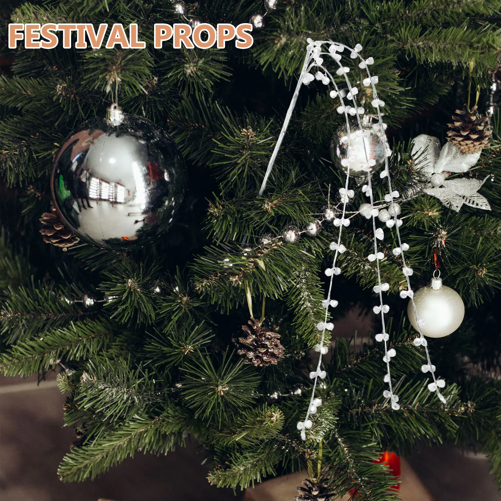 

1pcs Christmas Tree Ornament Silver Artificial Beaded Willow Branch Decorative Stem for Tabletop Holiday Scene Arrangement Faux