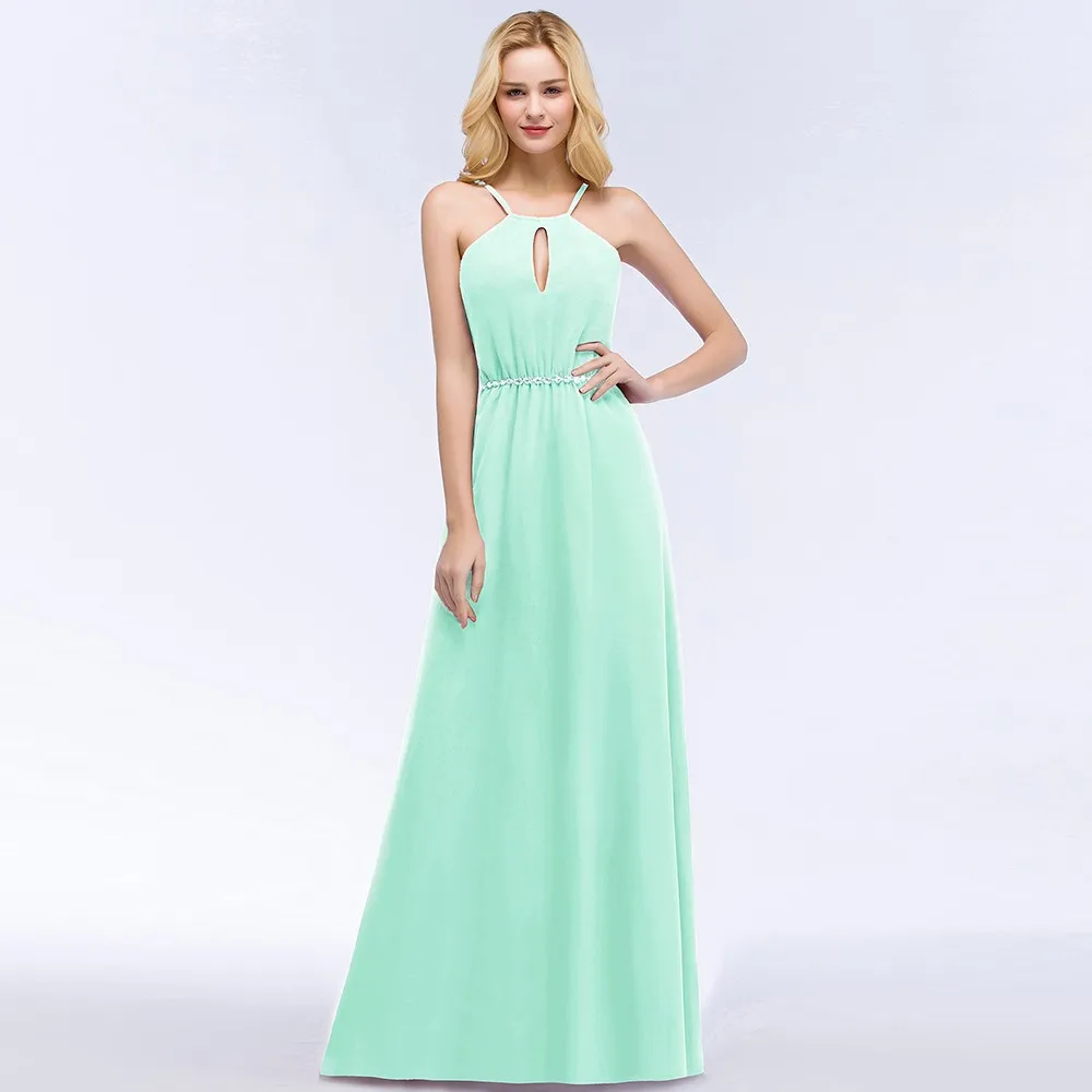 Sexy Halter Long Evening Dresses Crystal Belt Chiffon Maxi Women Formal Bridesmaid Party Prom Gowns CPS862