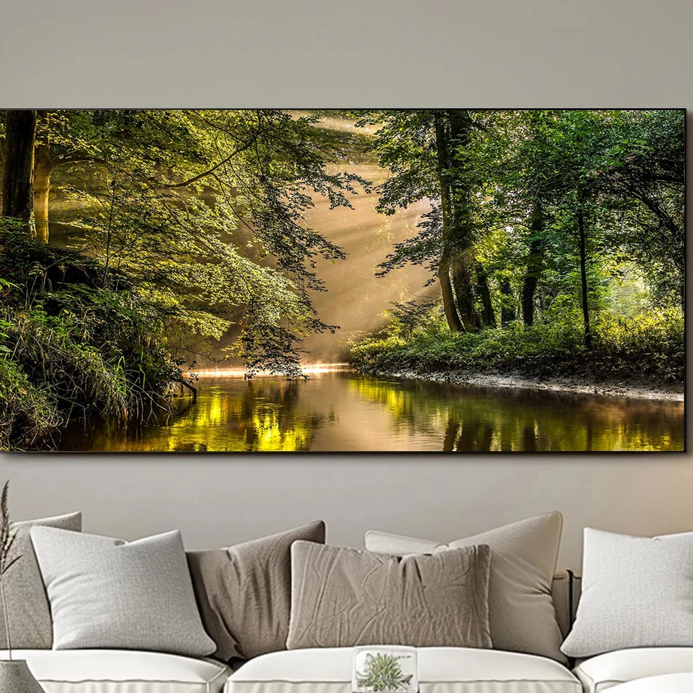 Impression photographique Sunlit Forest River – Impression sur toile d'art mural sur le thème de la nature paisible, décoration murale moderne pour chambre à coucher, affiche, sans cadre