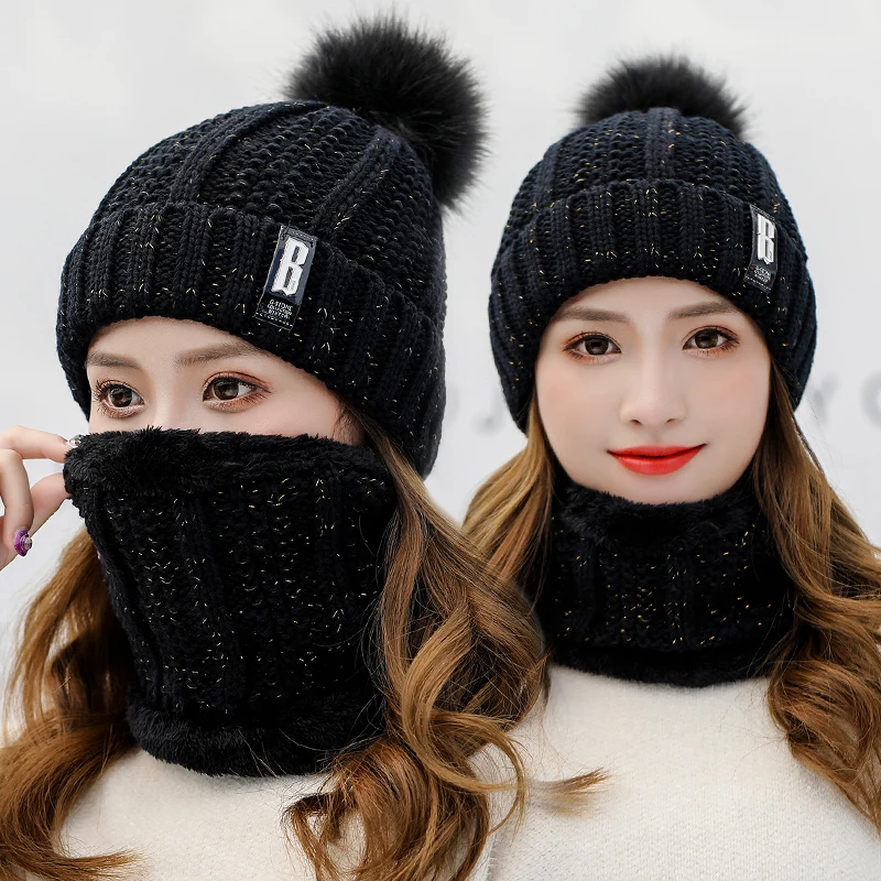 Autumn Winter Knitted Beanies Hats Scarf Set Women Thick Warm Hat Female Knit Letter Bonnet Beanie Caps Outdoor Windproof Riding