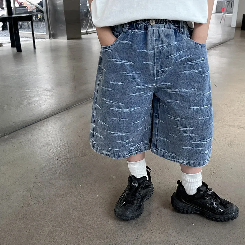 

Boys jacquard shorts Children's loose casual cropped pants Kids all-match casual calf-length jeans